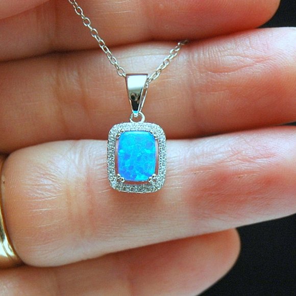 Emerald Cut Opal Pendant Blue/White Opal - Picture 2 of 4
